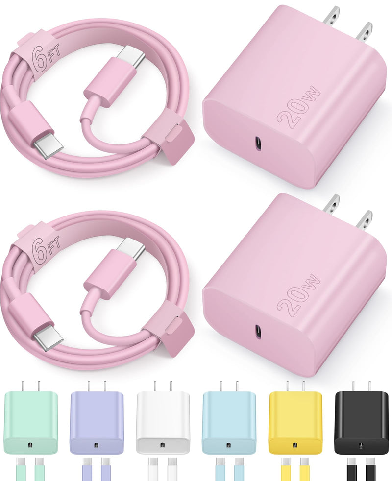 iPhone 15 Charger USB C Wall Charger iPad Pro Charger Block 2 Pack with 2 Pack 6FT Cable for iPhone 15/15 Plus/15 Pro/15 Pro Max/iPad Pro/Mini/Air/Air4/AirPods/Samsung(Pink) Pink 20W Max-Pink