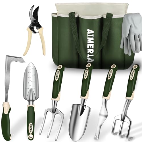 Aimerla Gardening Tools Set of 9 Heavy Duty Garden Tools with Non-Slip Rubber Grip with Large Garden Bag for Tools Durable Hand Tools for Gardening, Weeding,Gardening Gifts for Women,Men (Dark Green) Dark green