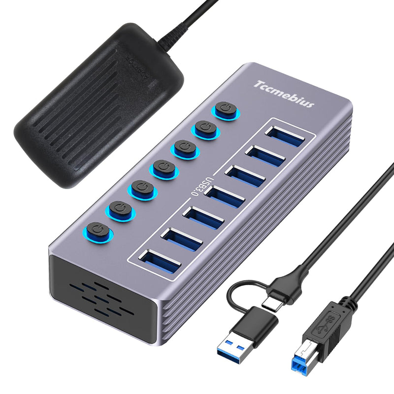 Powered 7-Port USB 3.0 Hub, USB C to 7 Ports USB Data Hub Splitter with Individual LED On/Off Switche, 3.3FT Cable, 12V/3A Power Adapter, for Laptop MacBook Pro/Air PC (Aluminum Gary)