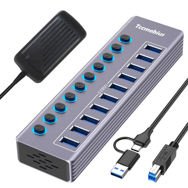 Powered 10-Port USB 3.0 Hub, USB C to 10 Ports USB Data Hub Splitter with Individual LED On/Off Switche, 3.3FT Cable, 12V/3A Power Adapter, for Laptop MacBook Pro/Air PC (Aluminum Gary)