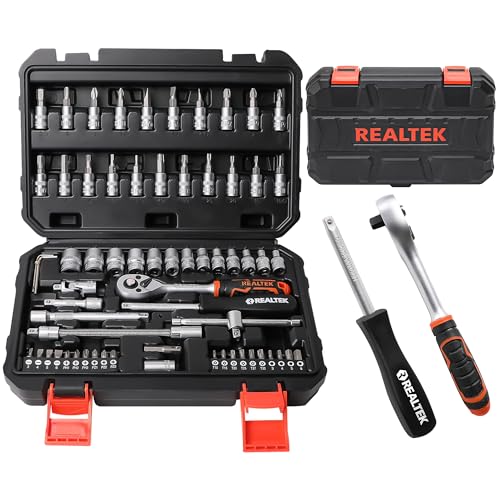 REALTEK 66Pcs 1/4 Drive Impact Metric 6 Point Socket Set with Case 66 Pieces 1/4" Drive Socket Set