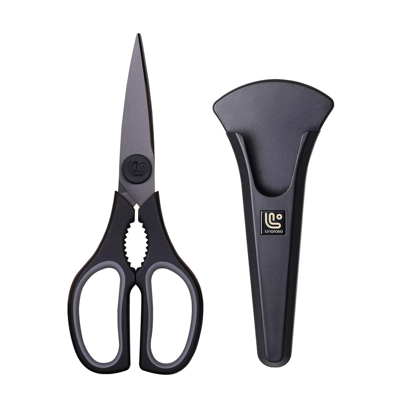 Linoroso Kitchen Scissors All Purpose Kitchen Shears with Magnetic Holder, Soft Grip Handle Cooking Scissors Dishwasher Safe with Come Apart Blade Heavy Duty Scissors for Meat, Vegetable, Herb, Black