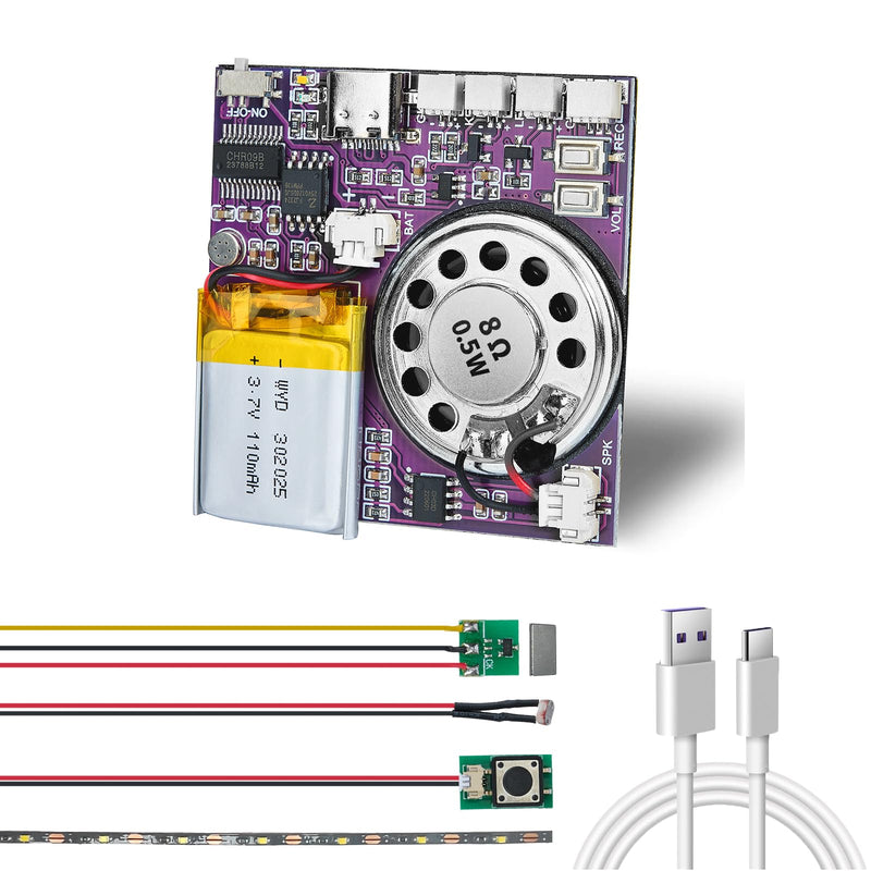 Sound Module, 16MB Push Button, Magnetron, Light Control Activated Recordable Voice Sound Chip Module with LED Light Strip, Speaker, for Greeting Card Audiobook, Xmas Presents Boxes, Kids's Toys.