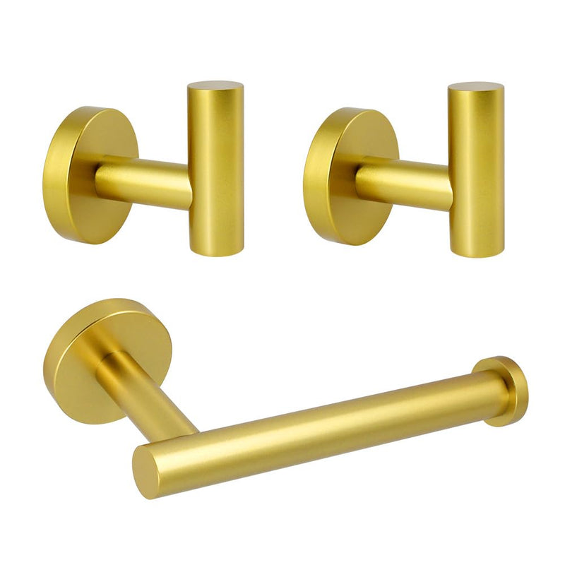 3-Pieces Bathroom Hardware Set Gold Stainless Steel Wall Mounted - Includes Toilet Paper Holder, 2X Robe Towel Hooks