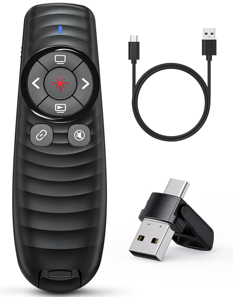 Presentation Clicker Wireless, 2-in-1 USB/Type C Rechargeable Presenter Remote Control for PowerPoint, PPT Clicker Red Laser Pointer, Slide Advancer RF2.4GHz (Red Light, USB C Rechargeable) Red Light Usb C Cable Rechargeable