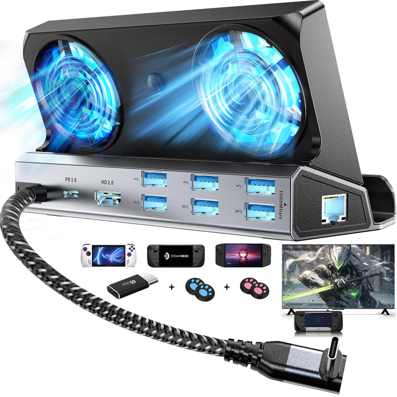 Dual Cooling Fans 12 in 1 Steam Deck Docking Station with 4K@60Hz 2.0,6 USB Ports,1000Mbps,USB-C 100W PD,40Gbps Adapter for Steam Deck/Rog Ally/Switch/Legion Go