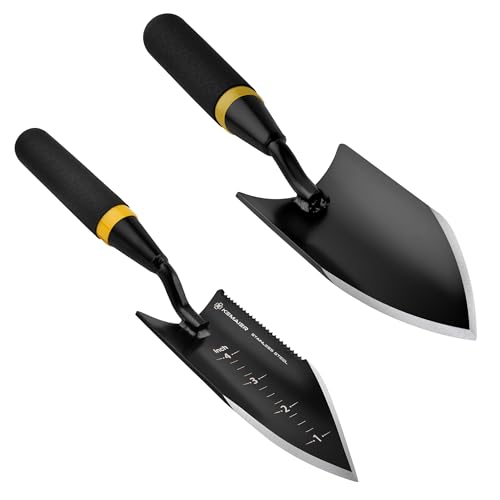 2-Piece Heavy Duty Garden Trowel Set - Carbon Steel & Serrated Stainless Steel Hand Shovels - Ergonomic Rubberized Handle Kit for Digging, Weeding, Transplanting & Bulb Planting (2 Items)