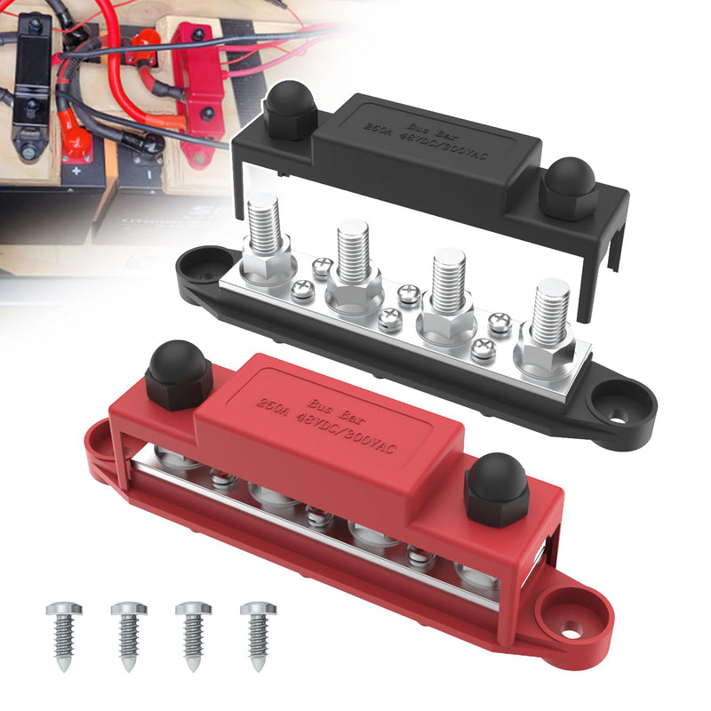 Upgraded Bus Bar 250A 12V Power Distribution Block with 3/8" (M10) 4-Posts Terminals Block with Cover for Automotive, Marine, Battery System(Black & Red) 3/8" - Black & Red