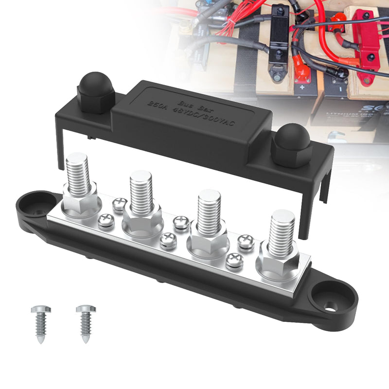 Upgraded Bus Bar 250A 12V Power Distribution Block with 3/8" (M10) 4-Posts Terminals Block with Cover for Automotive, Marine, Battery System (Black) 3/8" - Black