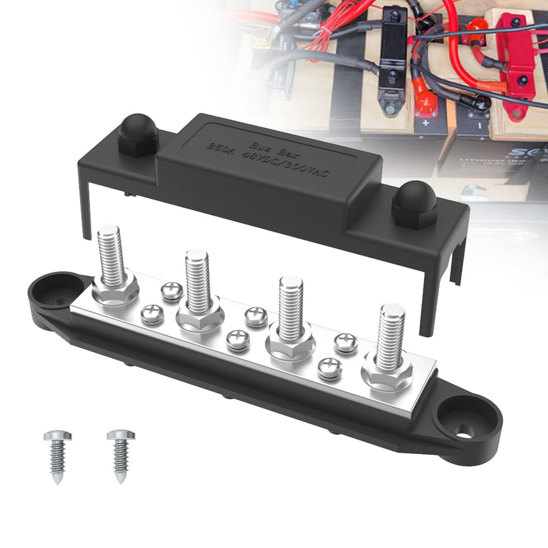 Upgraded Bus Bar 250A 12V Power Distribution Block with 5/16" (M8) 4-Posts Terminals Block with Cover for Automotive, Marine, Battery System (Black) 5/16" - Black