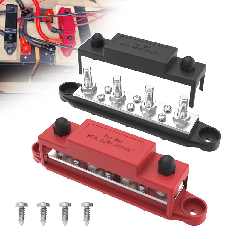 Upgraded Bus Bar 250A 12V Power Distribution Block with 5/16" (M8) 4-Posts Terminals Block with Cover for Automotive, Marine, Battery System (Black & Red) 5/16" - Black & Red
