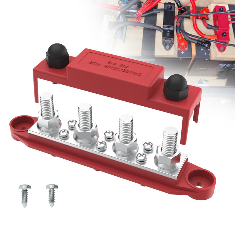 Upgraded Bus Bar 250A 12V Power Distribution Block with 3/8" (M10) 4-Posts Terminals Block with Cover for Automotive, Marine, Battery System (Red) 3/8" - Red