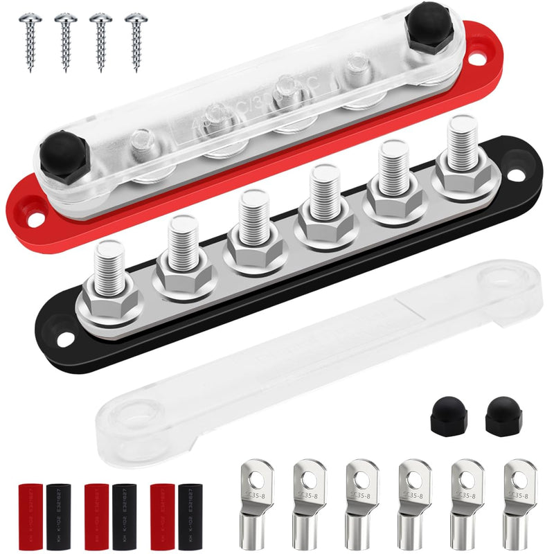 250A 12V Bus Bar Marine 12V - 48V Power Distribution Terminal Block with Cover with 6 x 5/16” (M8) Post,Battery Bus Bar with 6PCS Battery Lugs and 6PCS Heat Shrink Tubing for Car Boat Marine 250A 5/16"