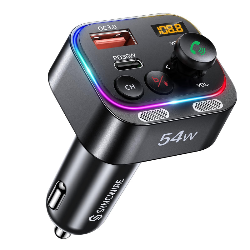 Syncwire Bluetooth 5.4 FM Transmitter Car Adapter 54W (PD 36W & 18W) [Stronger Dual Mics] [Light Switch] [HiFi Bass Sound] [Fast Charging] Wireless Radio Receiver Hands-Free Calling LED Display Black