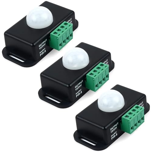 Greluma Pack of 3 12V/24V Motion Sensor Switch, PIR Sensor LED Switch Controller for Flexible LED Strips Black