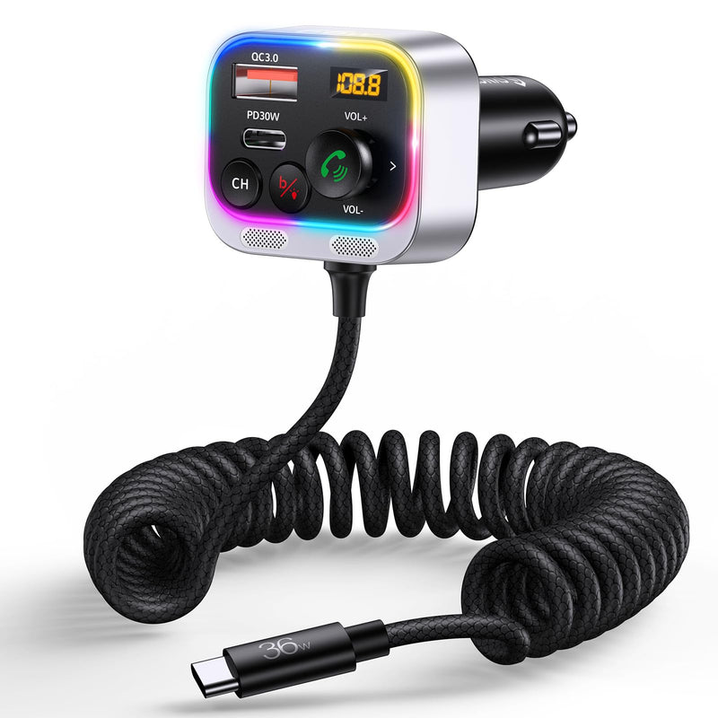 Syncwire Bluetooth 5.3 FM Transmitter Car Adapter, 66W PD QC 3.0 Fast Charge Car Charger with USB-C Coiled Cable, Wireless FM Radio Adapter, Strong Mics, Bass HiFi Sound, Hands-free Call, Light Switch