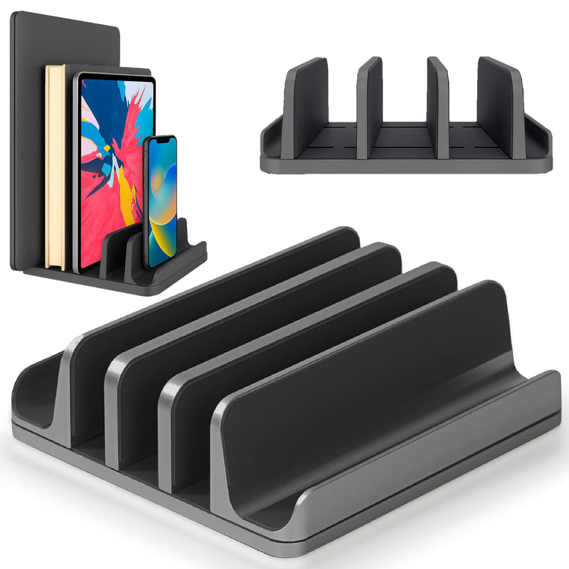 Multiple Laptop Holder Vertical – Adjustable Laptop Vertical Stand Holds 5 Devices, Fits All MacBooks Laptops Tablets and Mobiles (up to 17.3”). Closed Upright Vertical Laptop Stand for Desk Black