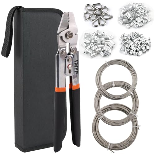 Up to 2.2mm Wire Rope Crimping Tool Kit, 99FT Stainless Steel Wire Rope (3 Sizes), 180 Aluminum Double Sleeves (3 Sizes), 10 Thimbles YEJ-122O+Loop&Rope&Thimbles Bag Kit