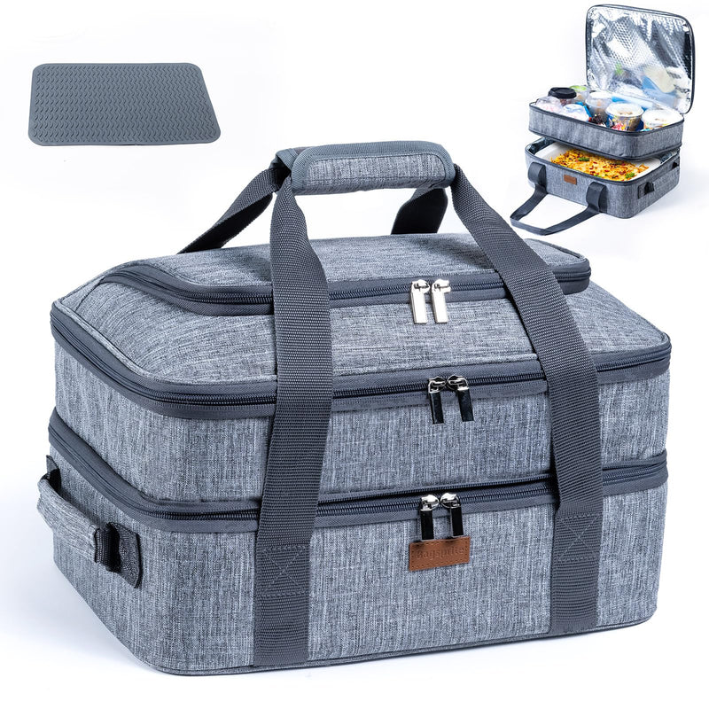 BAGSPRITE Expandable Insulated Casserole Carrier for Hot or Cold Food, Casserole Dish Carrying Case,Thermal Lasanga Lugger Tote for Pockluck, Parties, Picnic, Fits 9" x 13" Baking Dish, Grey Expandable Double Layers