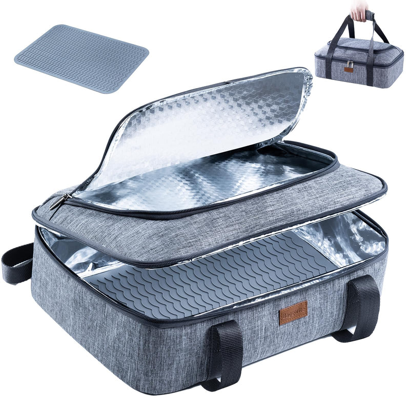 BAGSPRITE Insulated Casserole Carrier for Hot or Cold Food with Heat-resistant Mat, Casserole Dish Carrier Insulated Food Carrier, Hot Food Carrier, Foil Pan Carrier Fits 9" x 13" Baking Dish Grey Style A