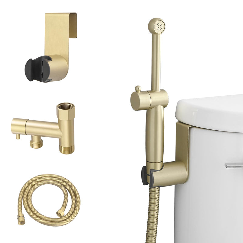 Handheld Bidet Sprayer for Toilet, Handheld Sprayer Attachment for Toilet with Adjustable Pressure Control Brushed Gold Bathroom Fixture Bidet Sprayer Sets, Brass Fixed Length