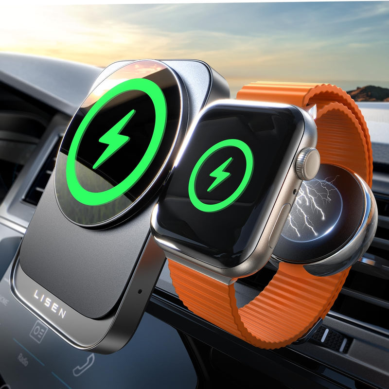LISEN Primes for Day Delas 2 in 1 for 18W MagSafe Car Mount Charger, Wireless Vent Charger Magnetic Phone Holder Mount for iPhone Car Accessories for iPhone 16 15 14 13 12 Pro Max Plus and Apple Watch