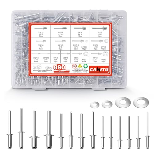 Canitu 890pcs Pop Rivets Assortment Kit, 18 Sizes, Aluminum & Stainless Steel Backup Washers, Blind Rivets with Storage Case for Sheet Metal, Automotive & Railway (Silver) Silver