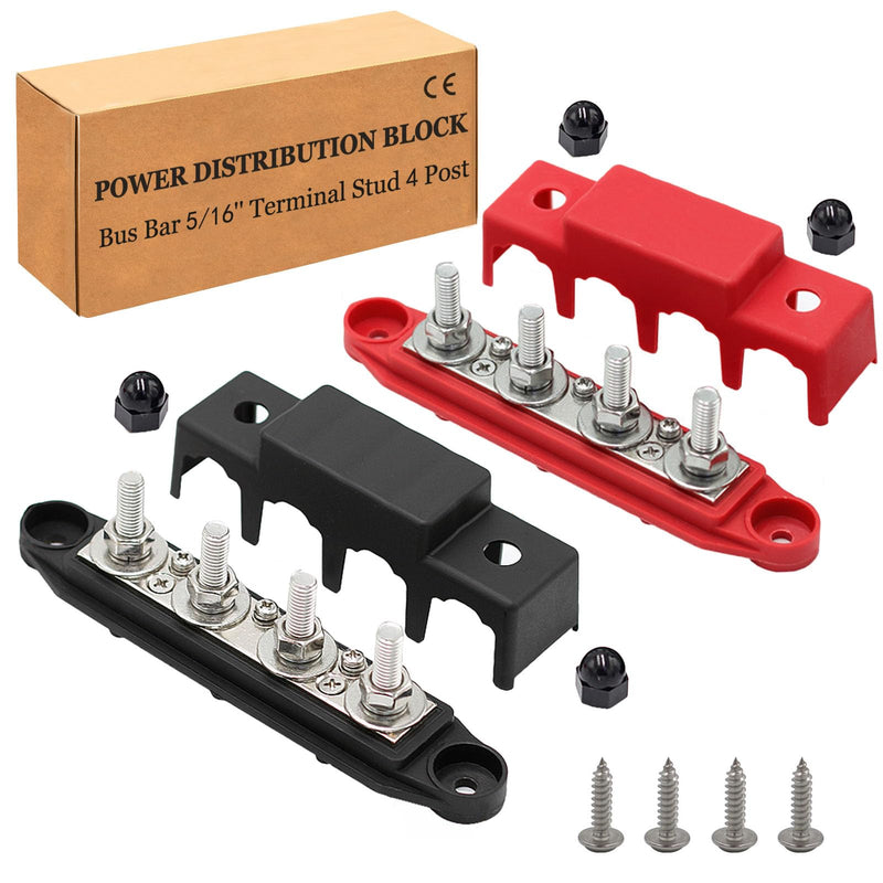 Power Distribution Block 12V Bus bar 5/16" 275A M8 Bus Bar Terminal Block 4 Post Junction Block Max 48V Battery Distribution Block With Cover For Car, Marine and Solar Wiring (Pair, Positive&Negative) 5/16"