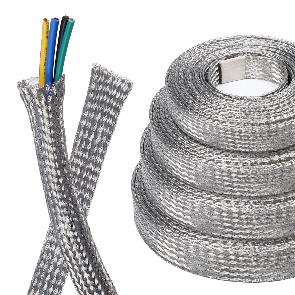 Tinned Copper Metal Braid Sleeving Wire Shielding Sleeve Braided Copper Ground Straps EMI/RFI Interference Expandable Flat Mesh Shielding Cable for Protect Wire (1/2inch-22ft) 1/2inch-22ft