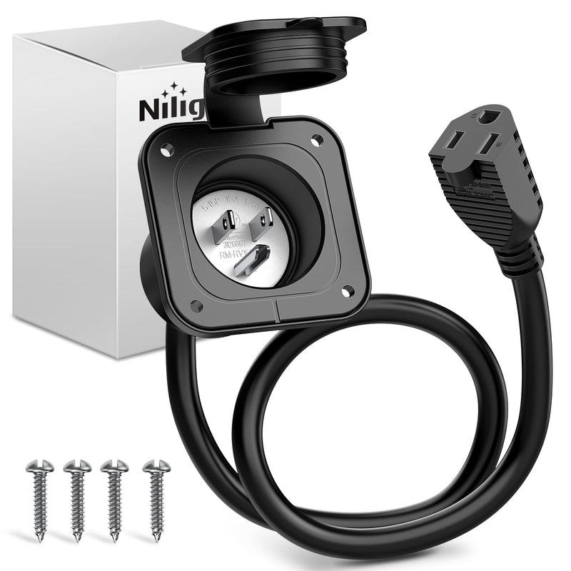 Nilight 15 AMP RV Power Flanged Inlet 125V AC Port Shore Power Receptacle with Extension Cord ETL Listed NEMA 5-15P Plug 5-15R Female Outlet for RV Camper Generator Shed Motorhome 15A Flanged Inlet with Extension Cord