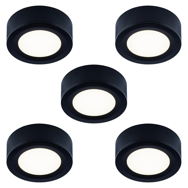 LUMILAND Wired LED Puck Lights 120V (2.7Wx5) Plug-in Lighting Warm White, LED Cabinet Light for Kitchen Can Be Surface Mount or Recess Mount, Black Black-5 Pack 3000K