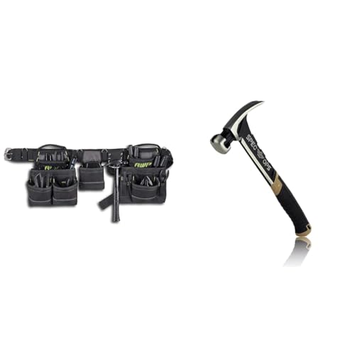 AWP Carpenter Tool Rig with Carry Handles, Premium Tool Belt, Air-Mesh Padded Belt Fits Waists Up to 50 Inches,Black & Spec Ops Tools Nailing Hammer, 20 oz, Rip Claw, Smooth Face, Shock-Absorbing Grip Carpenter Tool Rig + HAMMER_MALLET,SPEC-M20SF