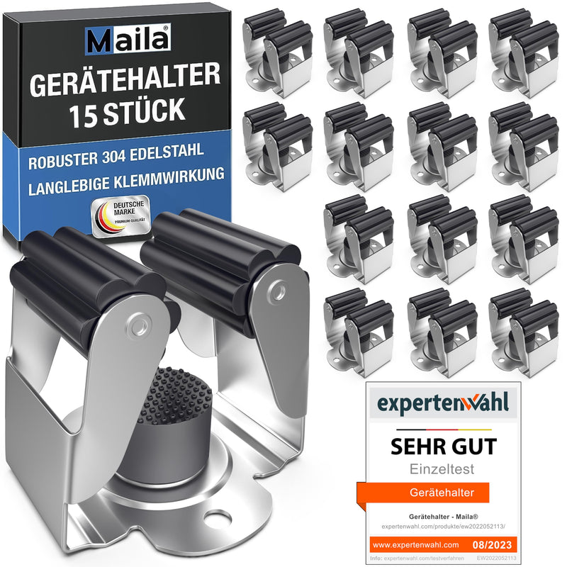Maila Tool Holder (Set of 15) - Robust 304 Stainless Steel - Broom Holder Wall with Strong Clamping Effect, Wall Mount for Broom as Tool Holder 15 pieces Stainless steel
