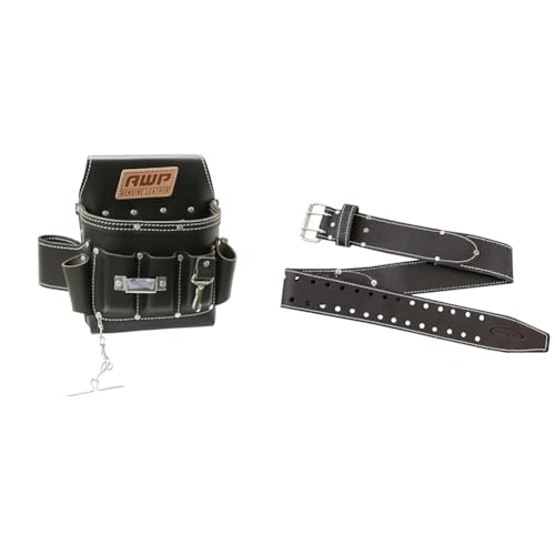AWP Oil-Tan Leather Electrician Tool Pouch 1LL-526-2, Brown & McGuire-Nicholas Men's Standard 2 3/4" inch Oil Tanned Leather Tool Work Belt for 29"-46" Waist, Dark Brown, 3" Tool Pouch+ Apparel Belt,90605