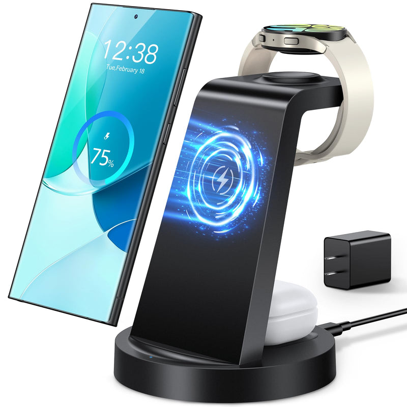 Wireless Charger for Samsung: 3 in 1 Wireless Charging Station for Samsung Galaxy Watch 6 5 4 3 Pro Classic Galaxy Buds - Charger Dock Stand for S24 Ultra S23 S22 S21 S20 Note 20 10 Z Fold Android Black