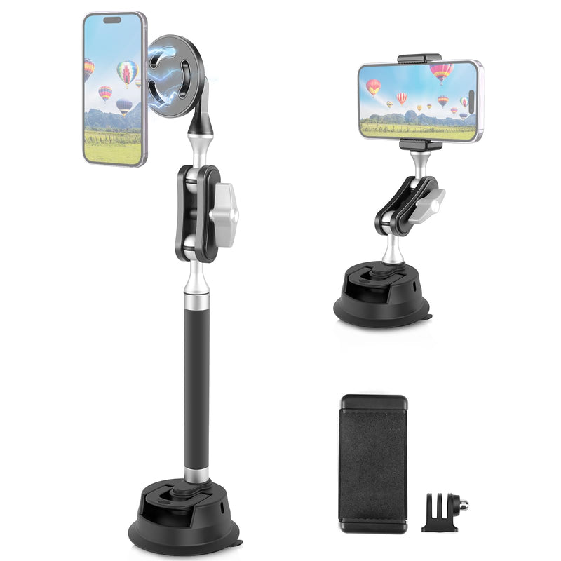 PULUZ Magnetic Cell Phone Car Suction Cup Mount，360°Adjustable Double Ball Head Car Suction Cup Holder with Phone Clamp and Action Camera Mount Adapter Use for Windshield Auto Suction Cups Camera & Phone Suction Cup Mount B