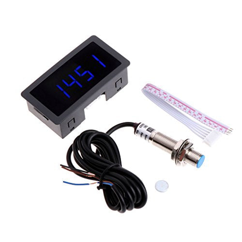 Speedometer 4 Digital LED Tachometer Speed Meter+Proximity Sensor 12V 9999RPM for Lathe/Mower/CNC-/Spring High-Precision, Blue