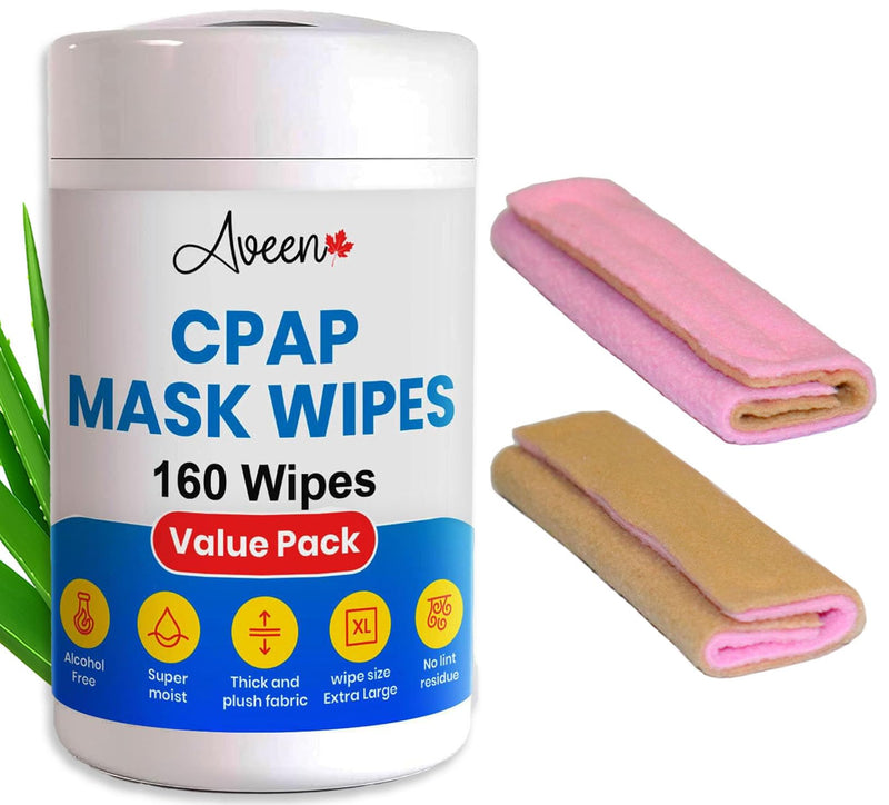 AVEEN CPAP Masquerade Wipes with CPAP Covers 160 Extra Large Wipes 2 Universal CPAP Soft Fleece Covers Perfume Free CPAP Cleaning Wipes