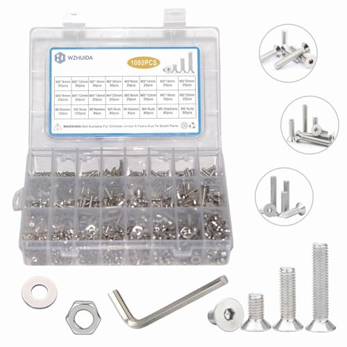 1080Pcs M2 M3 M4 M5 Screw Assortment, Metric Flat Countersunk Head Socket Cap Bolts, Stainless Steel Screws Nuts and Washers with 4 Hex Allen Wrenches, Full Thread Hex Flat Head Countersunk
