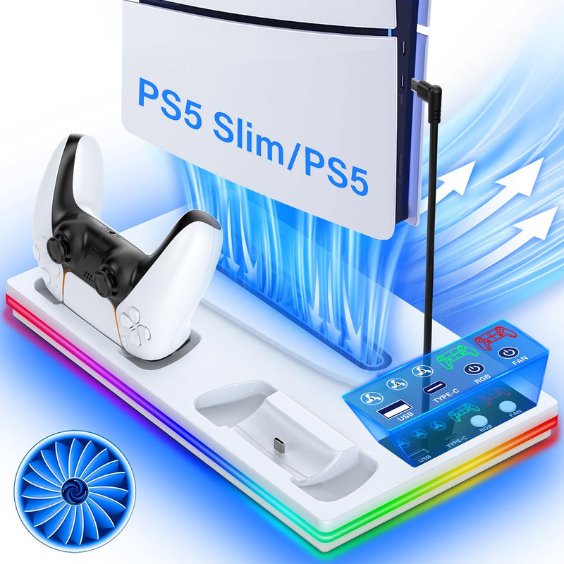 PS5/PS5 Slim Stand and Cooling Station with Controller Charging Station for Playstation 5 Slim&Standard Disc/Digital Console, 10 RGB Light PS5 Cooler Accessories Incl 3 Levels Cooling Fan/USB Hub