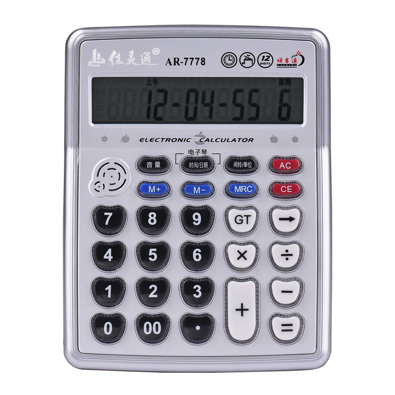 Calculators Large Display,Musical Desktop Calculator 12-Digits LCD Display Electronic Calculator Counter Big Buttons with Music Piano Play Time Date Show Alarm Clock Function for Office