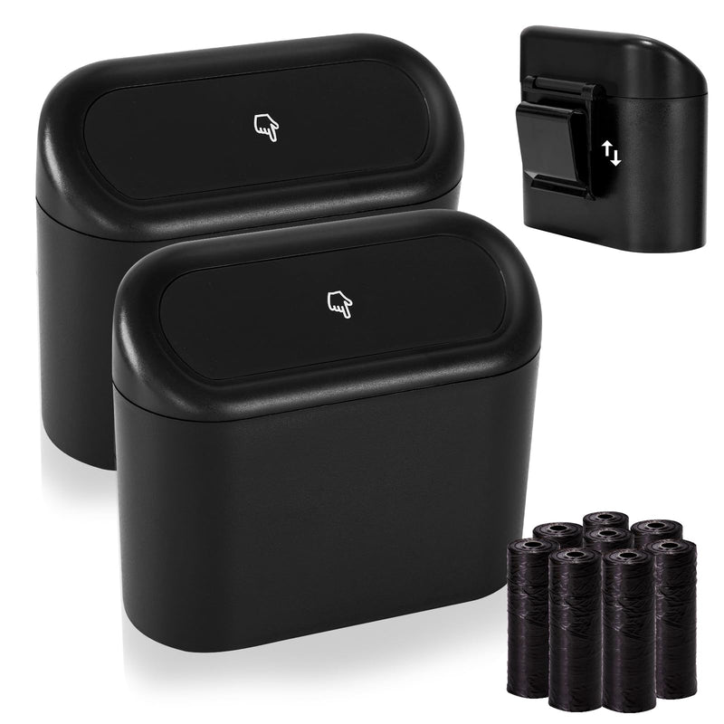 Ginsco 2 Pack Mini Car Trash Can with Lid, Small Car Garbage Can, Cute Leakproof ABS Car Trash Bin, Car Accessories for Interior, Garbage Bin for Car, Home, Office with 120pcs Trash Bags Black