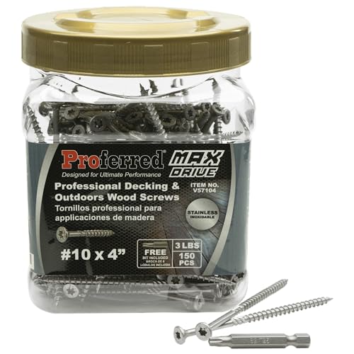 MAX Drive Professional Decking & Outdoor Wood Screws, Stainless Steel, #10 X 4, 6 Lobe 25 Drive (3 LBS, 150 pcs with 1 Bit in Jar), V57104 #10 X 4"