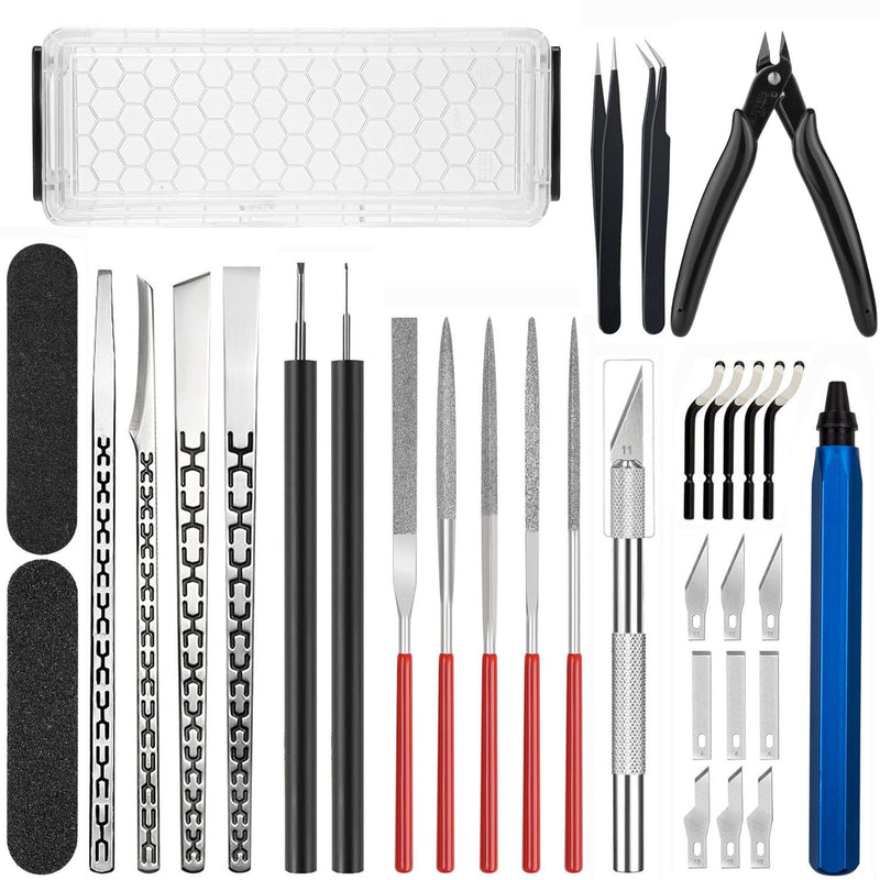 Precision 3D Printer Tool set with Deburring Tool, 3D Printer Spatula,Craft Knife,hand File,Carving Knife,Storage Box Suitable for Sanding, Carving, Modeling, Cutting, Scraping Deburring kit