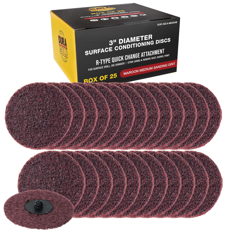 Dura-Gold 3" Diameter Surface Conditioning Discs Maroon Medium Sanding Grit (Box of 25) - R-Type Quick Change Connection Rust and Paint Removal Removes Oxidation and Scale