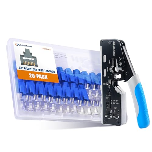 Cable Matters 20-Pack Shielded Cat8 RJ45 Pass Through Connector with Strain Relief Boots for Solid or Stranded Ethernet Cable & 1-Pack All-in-One Modular Ethernet Crimping Tool Cat 8