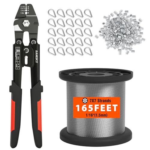 Sanuke Wire Rope Crimping Kit, 165ft 1/16" 304 Stainless Steel Cable 165ft Steel Cable+Crimper
