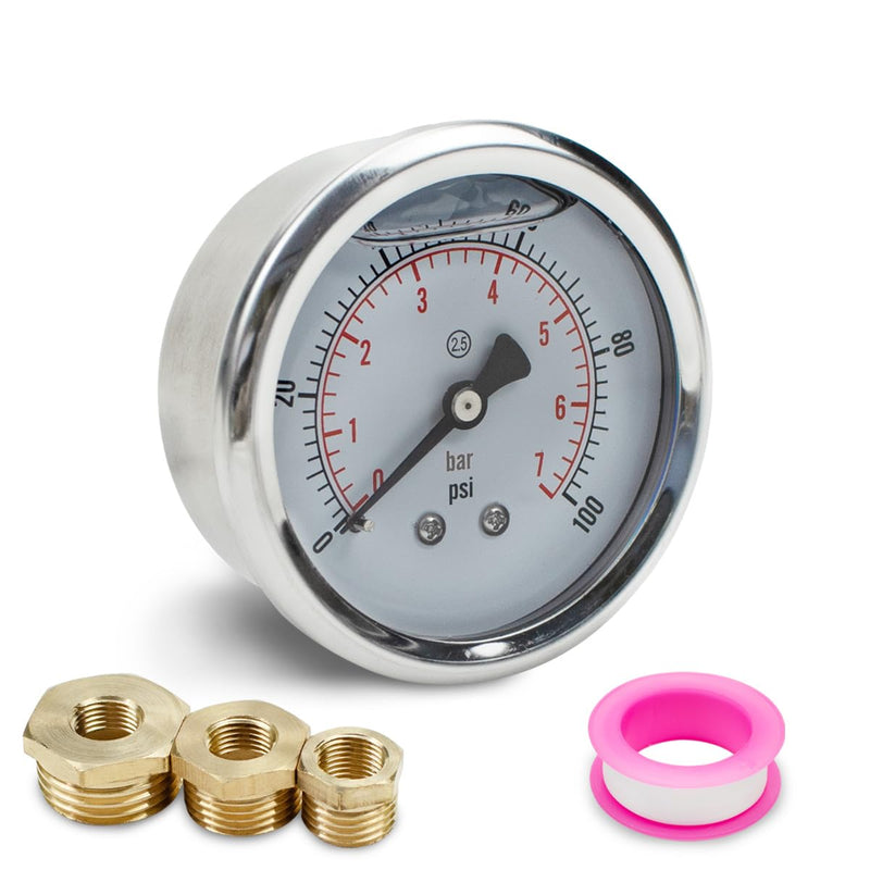 1-Pcs 40 mm Pressure Gauge BSP 1/8 Inch 0-7 Bar 0 ~ 100 Psi with 3 Pieces Socket 1/8 Inch to 1/4 Inch, 1/8 Inch to 3/8 Inch and 1/8 Inch to 1/2 Inch and Teflon Tape, Axial 40MM, 7bar(100psi)