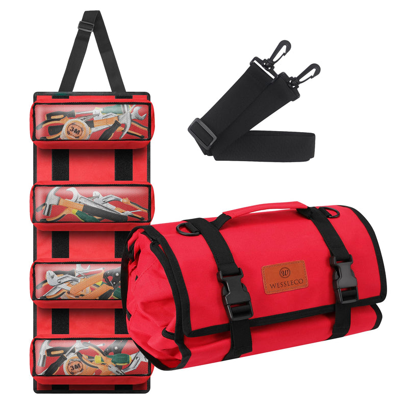 Canvas Tool Roll Up Bag, Multi-Purpose Wrench Organizer, Hvac Tool Bag with 4 Pockets (Red) 4 Zipper Pockets Red