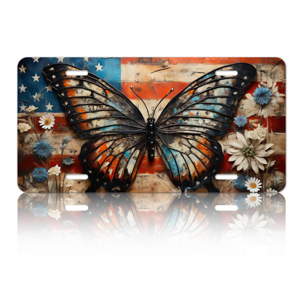 American Flag Butterfly License Plate Vintage US Flag Flower Car Front License Plate Funny Car Decoration Colorful Stainless Steel Fit Any Standard Size Vintage American Flag With Butterfly